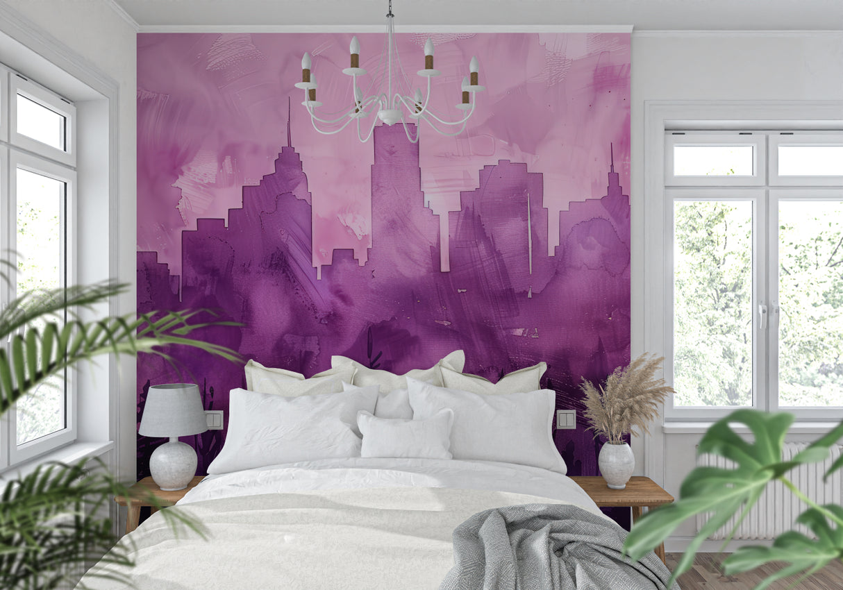 Purple city mural adding drama to dining room with modern furniture