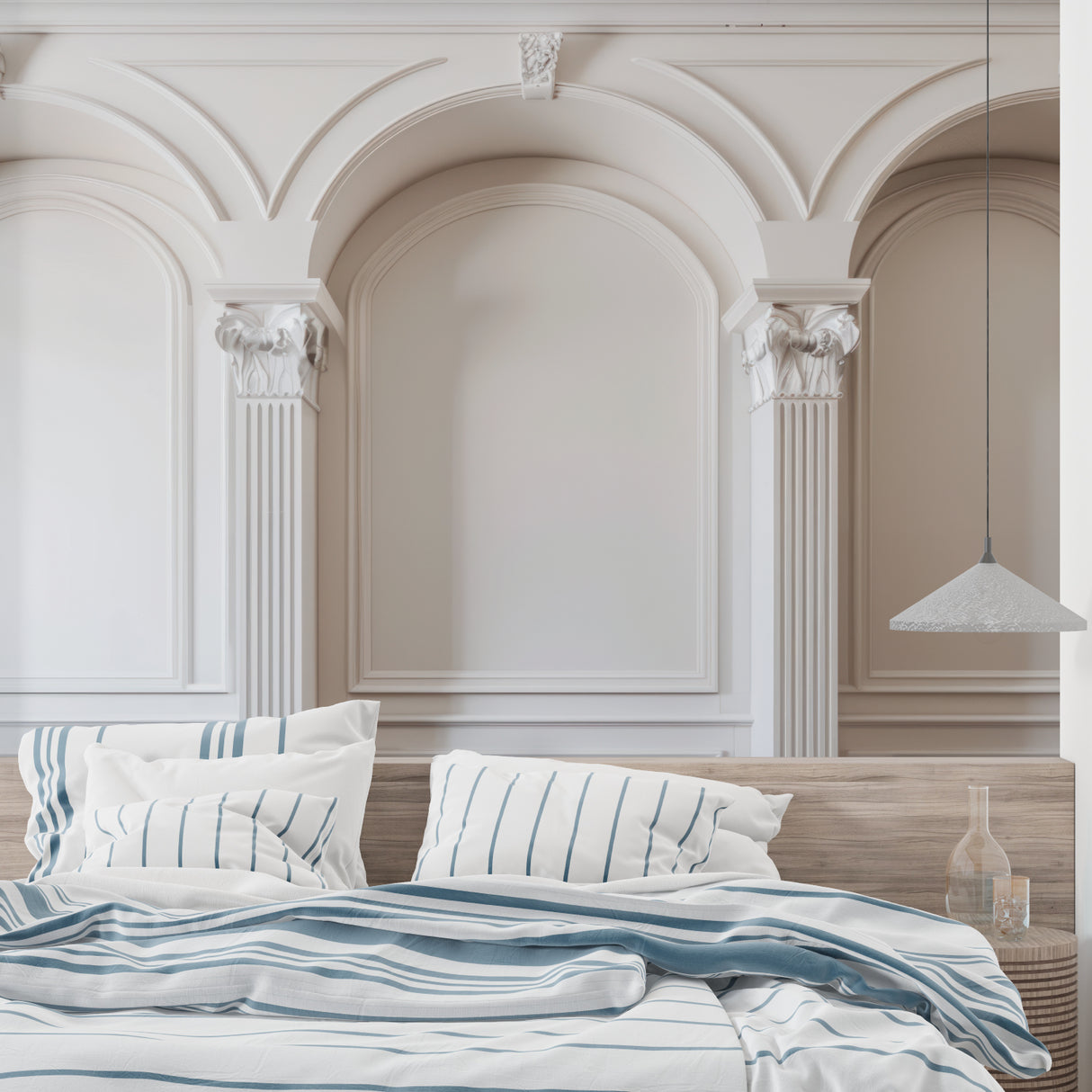 Classic arch mural wallpaper creating depth in a modern living room with white furniture and natural light