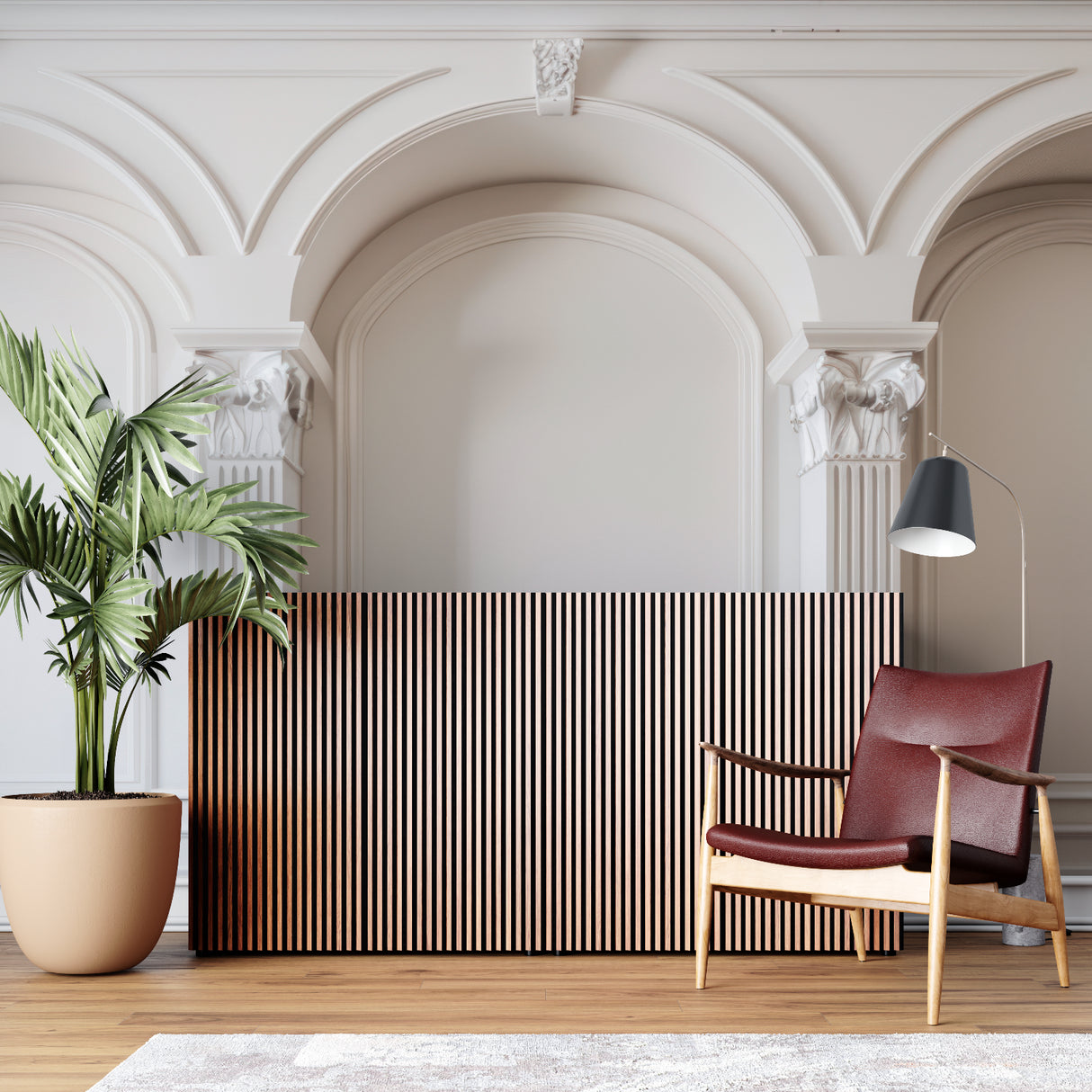 Architectural wallpaper with white columns in an elegant dining room setting