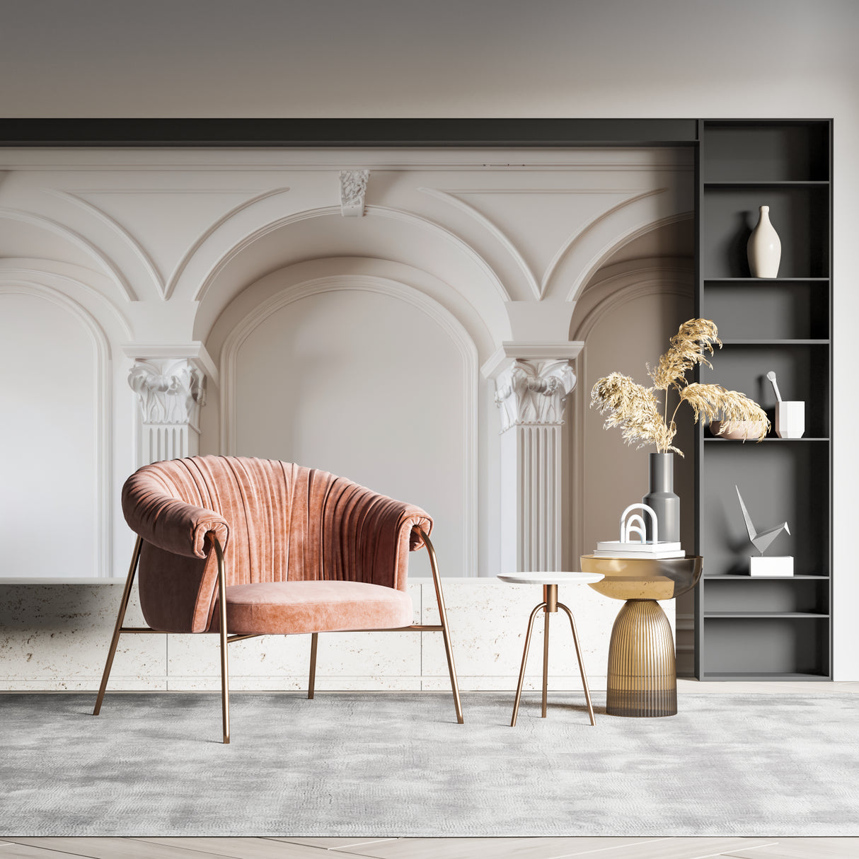 White Corinthian column mural adding grandeur to a master bedroom