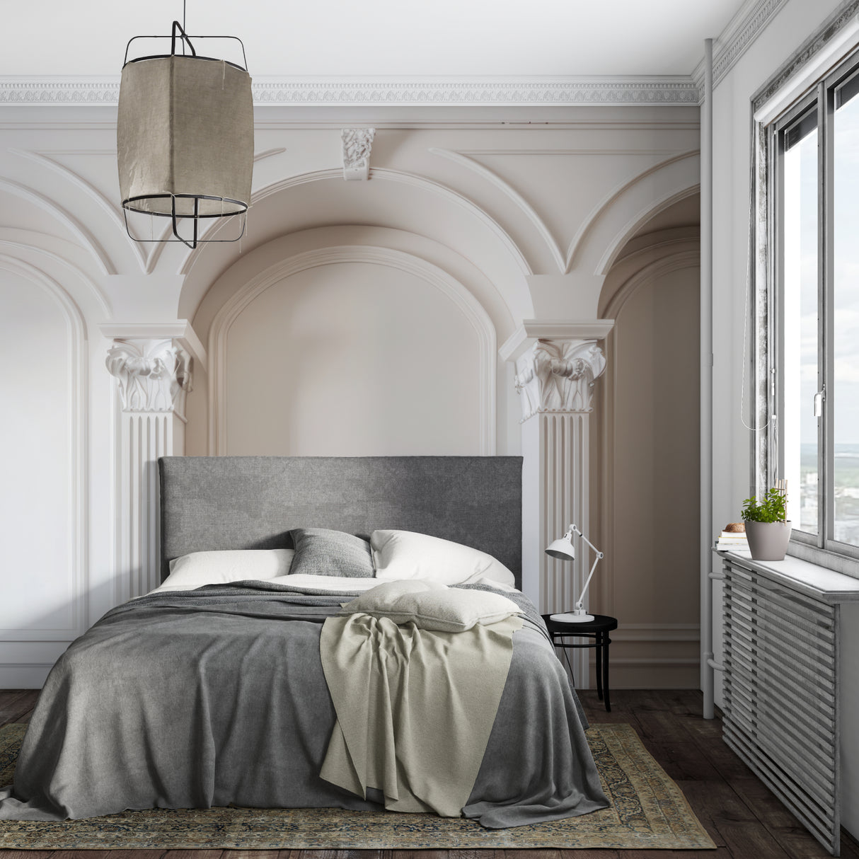 Classic arch wallpaper creating an illusion of space in a home office