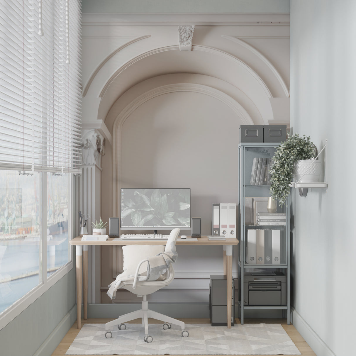 Architectural mural wallpaper bringing elegance to an entryway