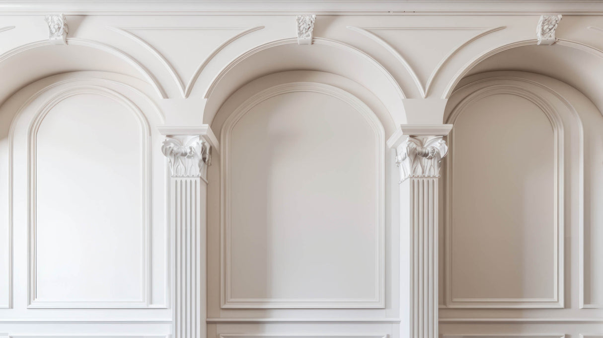 Design file of white Corinthian columns and arches pattern on neutral background