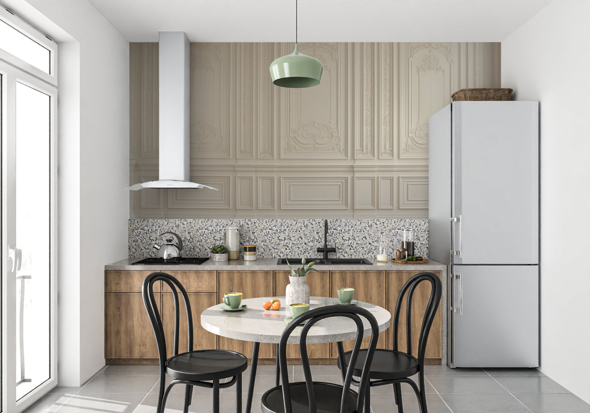 Classic panel wallpaper in bright modern living room with high ceilings and contemporary furniture