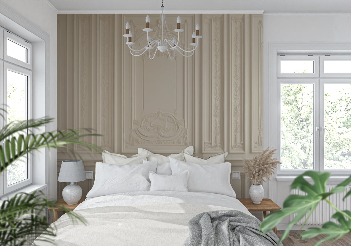 Elegant dining room featuring beige Haussmann style panel wallpaper with crystal chandelier