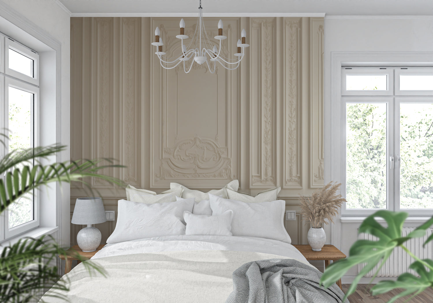 Elegant dining room featuring beige Haussmann style panel wallpaper with crystal chandelier