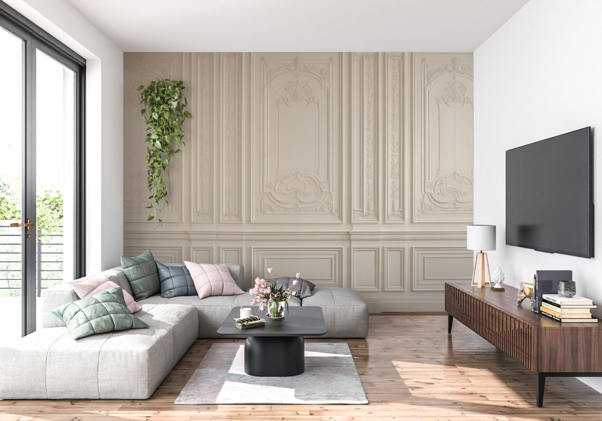 Master bedroom with French panel wallpaper creating a luxury hotel atmosphere