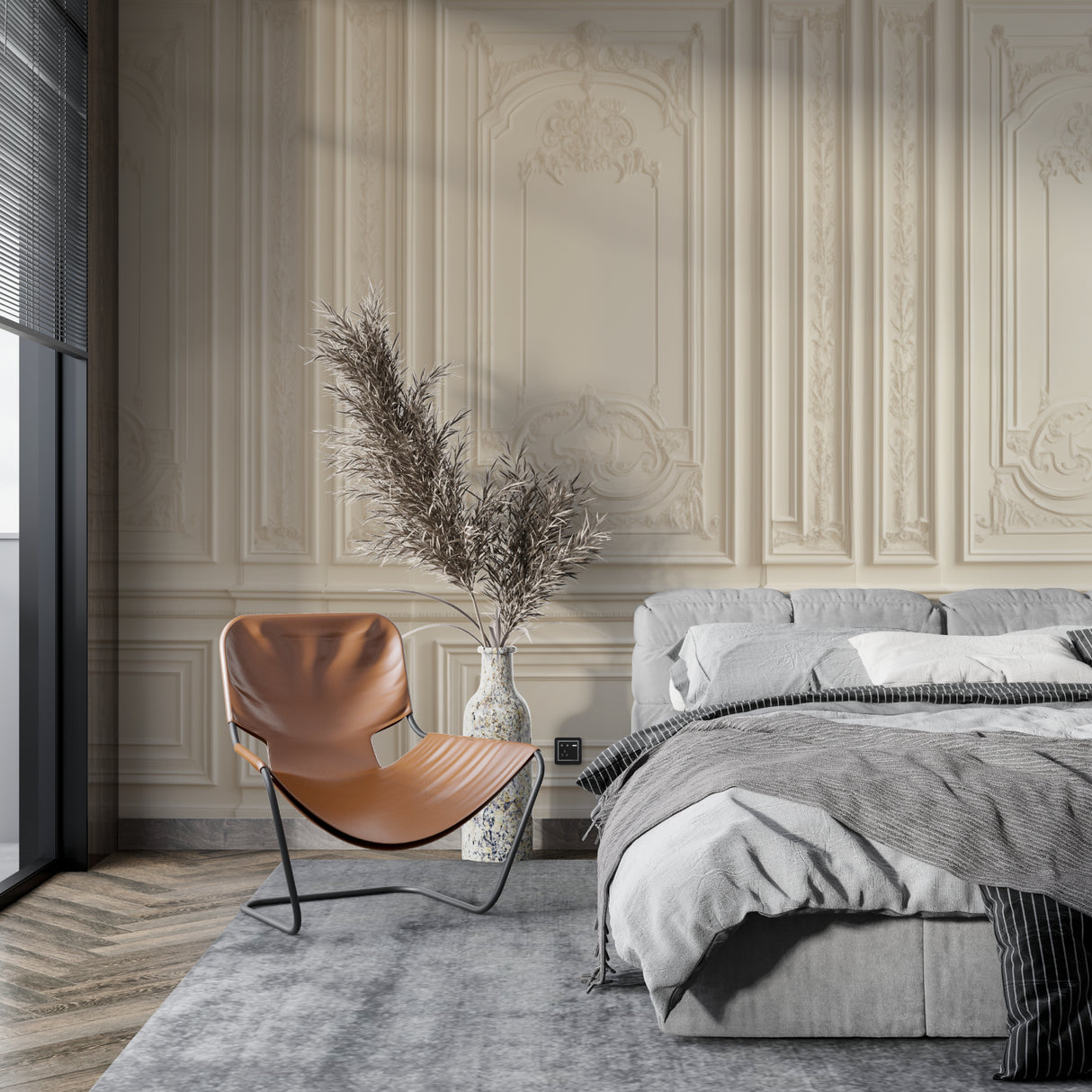 Home office space with classic beige panel wallpaper adding sophistication
