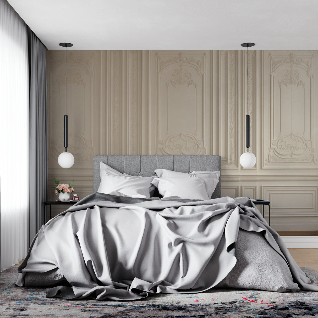 Entrance hallway transformed with Haussmann style wall panels in warm beige