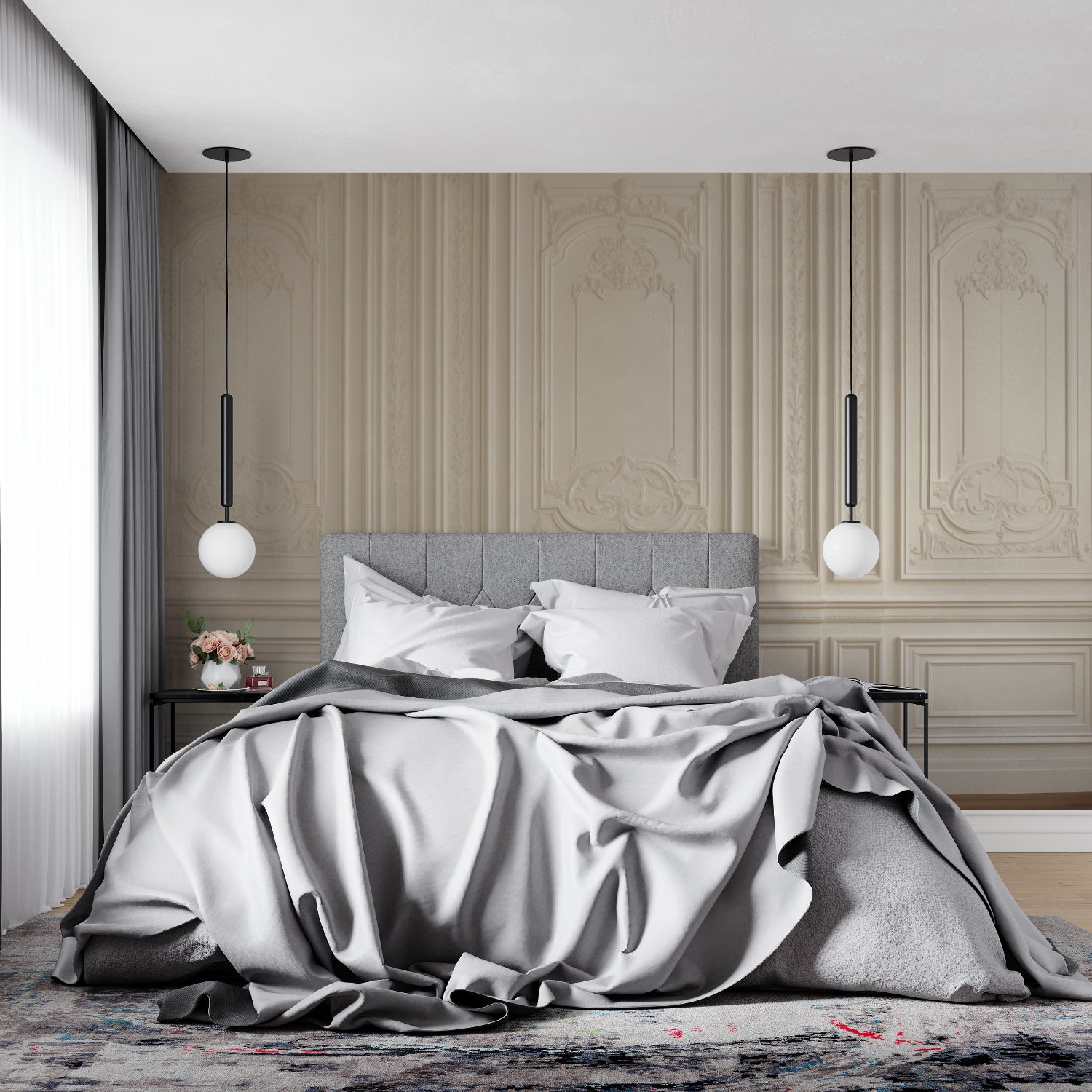 Entrance hallway transformed with Haussmann style wall panels in warm beige