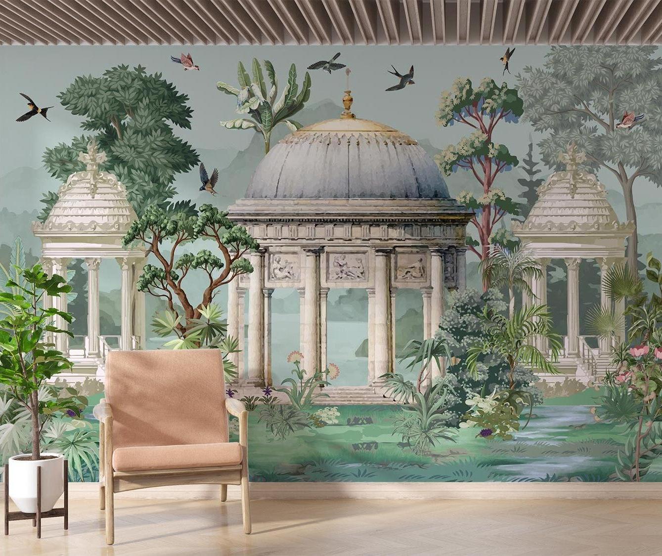 Garden architectural wallpaper creating depth in a sophisticated dining room with modern furniture