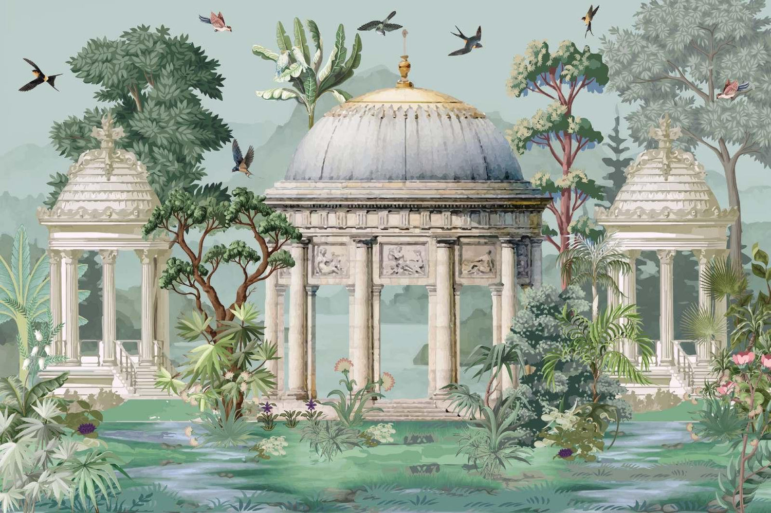 Classical garden paradise design file showing detailed architectural elements and graceful birds in natural setting