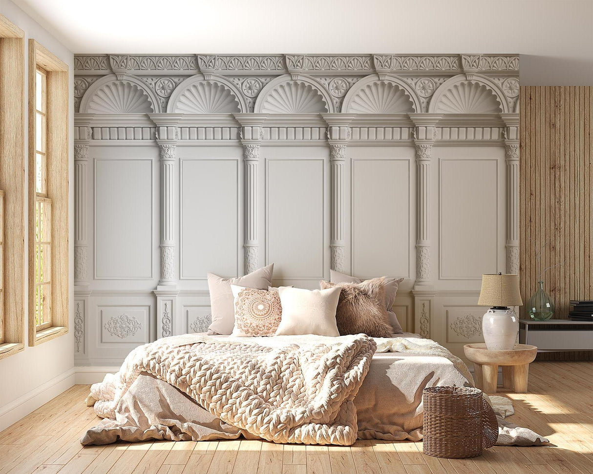Elegant white molding wallpaper in a bright living room, showing architectural details and depth
