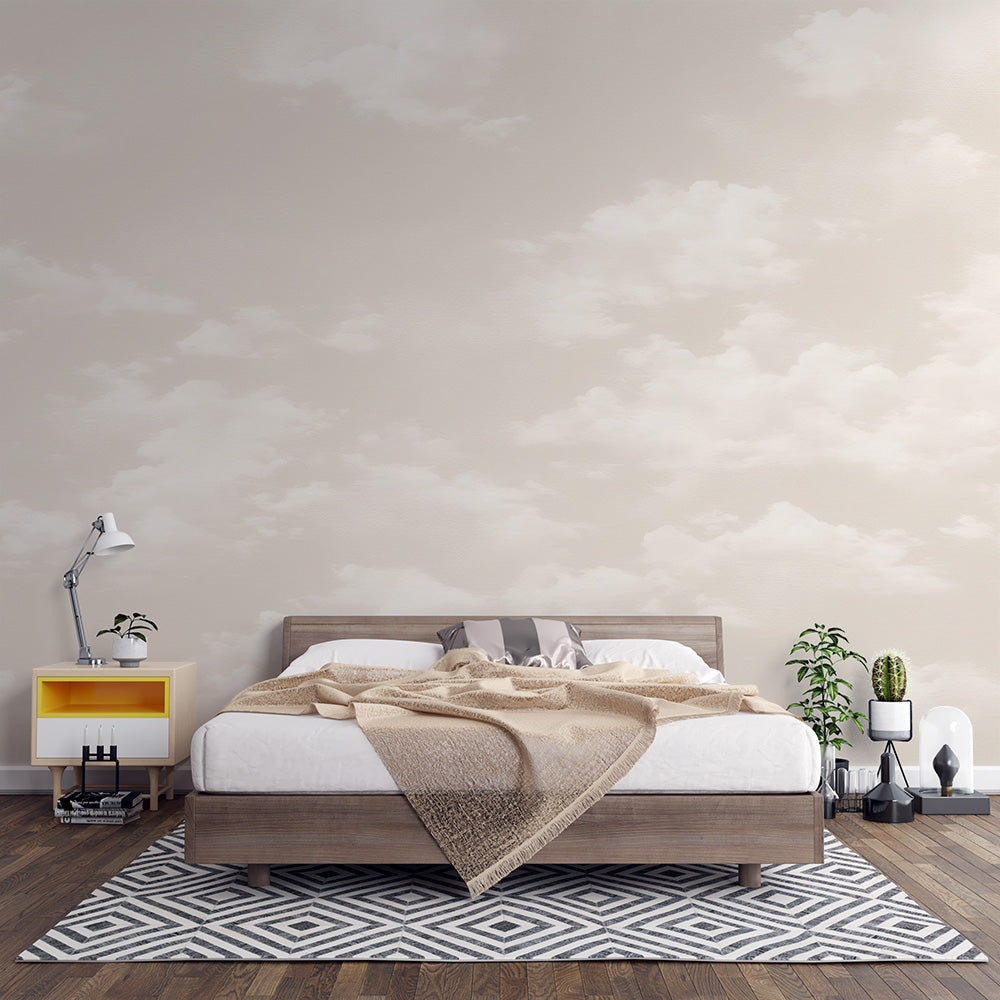 Cloud mural wallpaper creating a peaceful atmosphere in a modern bedroom with natural light streaming through windows