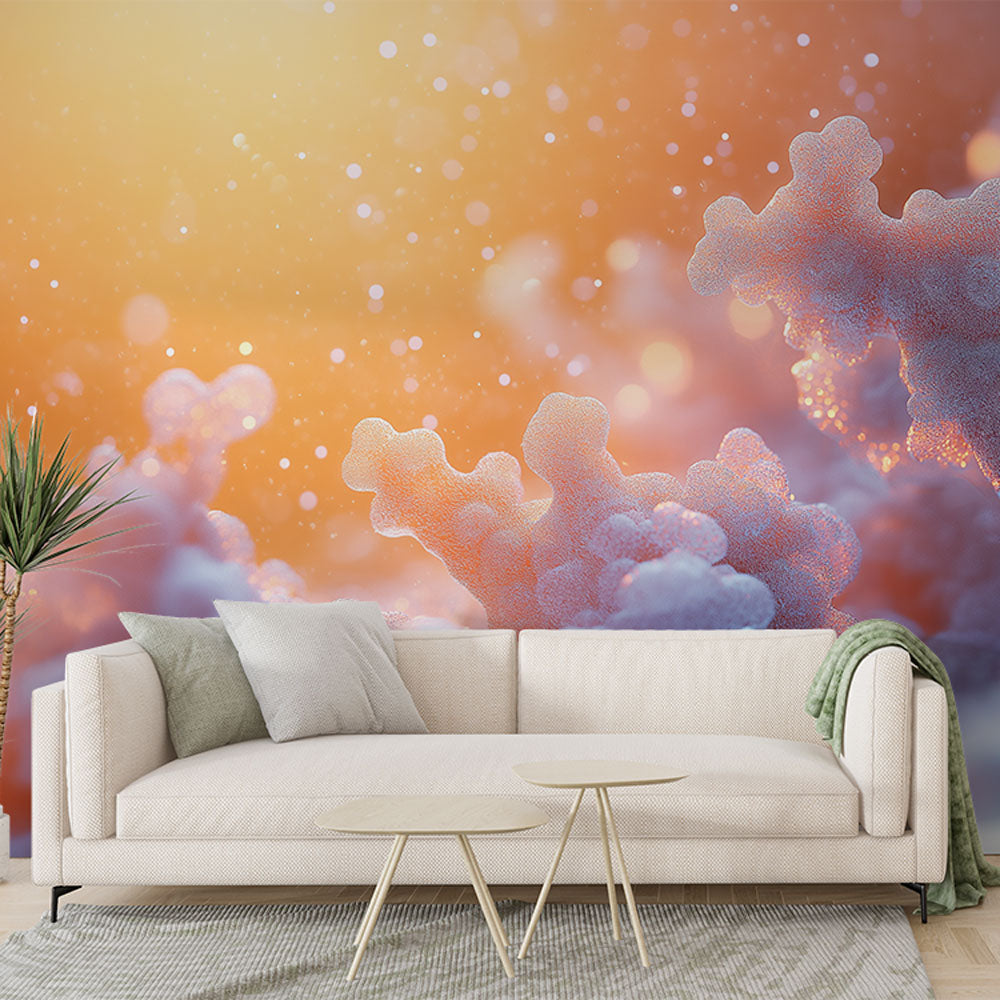 Cloud mural wallpaper with sunset hues creating a cozy atmosphere in a modern living room with minimal furniture