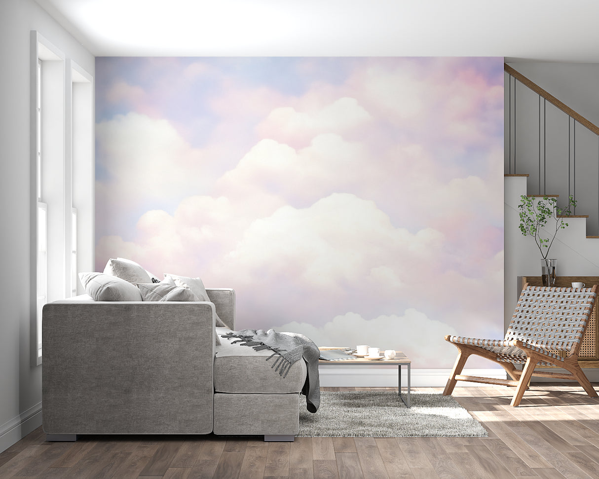 Cloud wallpaper mural in a bright modern bedroom, creating a peaceful sleeping space