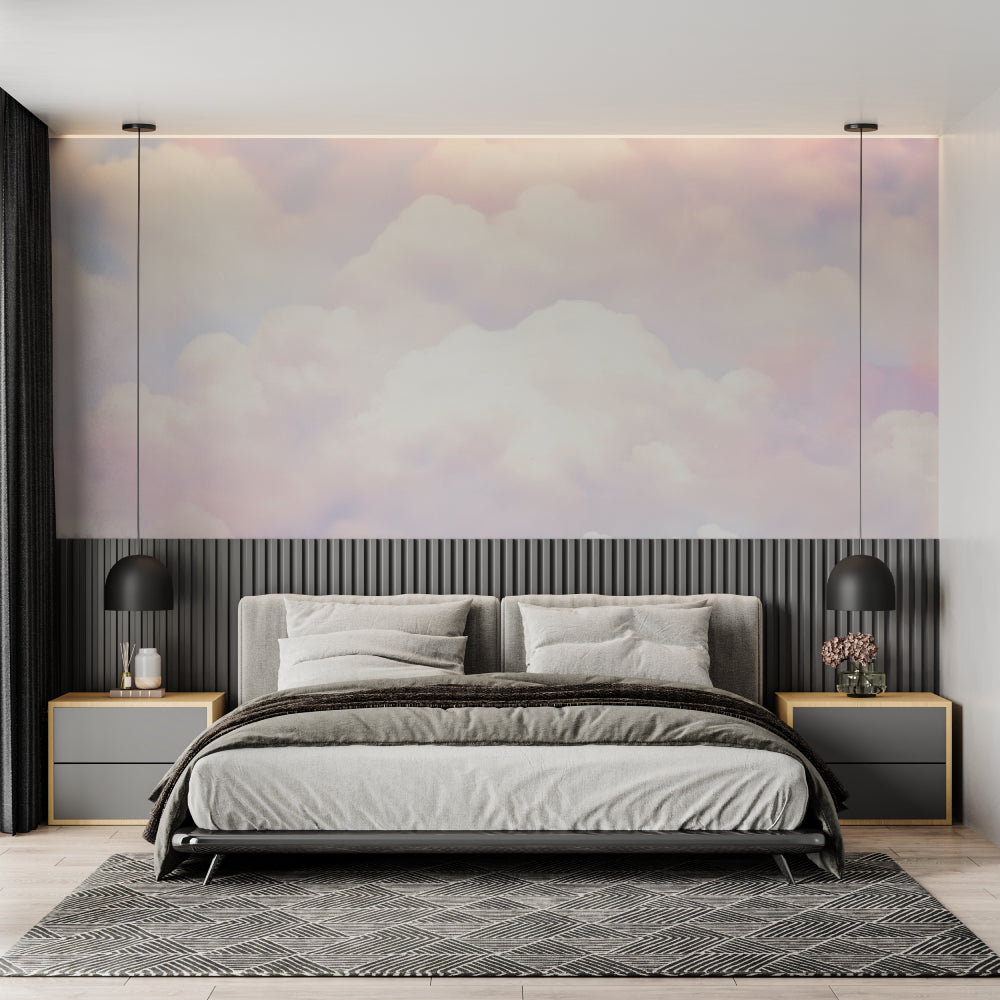 Pastel cloud mural wallpaper in a nursery setting with soft natural lighting
