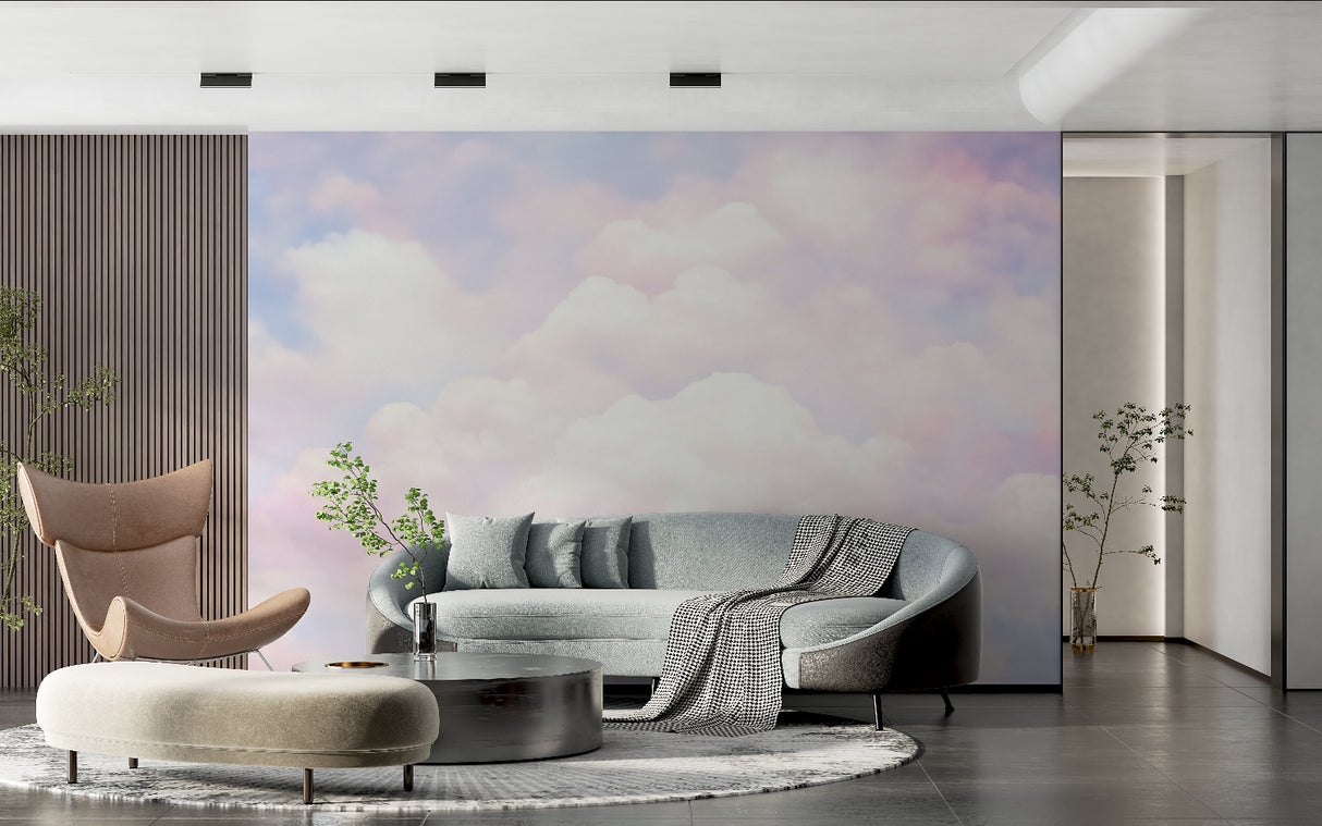 Watercolor sky wallpaper making a living room feel open and airy