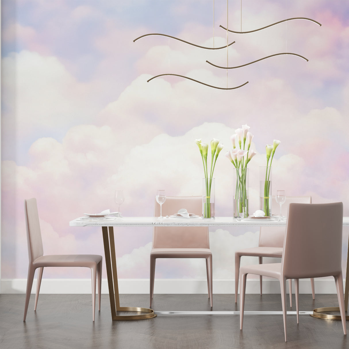 Sky wallpaper creating a dreamy atmosphere in a home office space