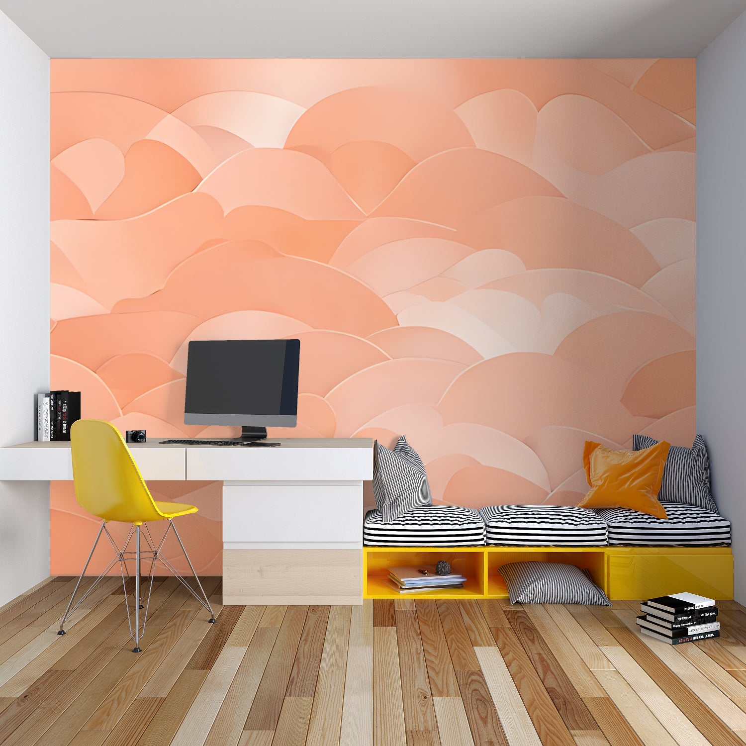 Soft coral cloud pattern mural wallpaper in a cozy bedroom setting
