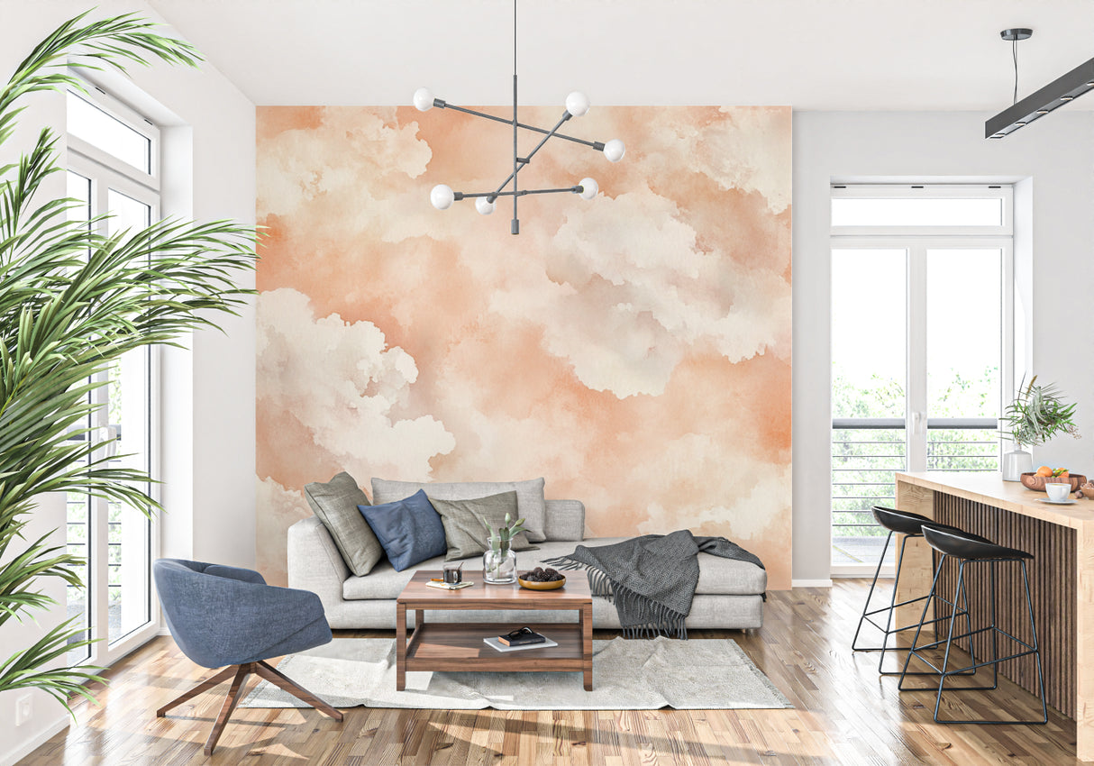 Cloud mural wallpaper creating a cozy atmosphere in a modern living room with minimalist furniture