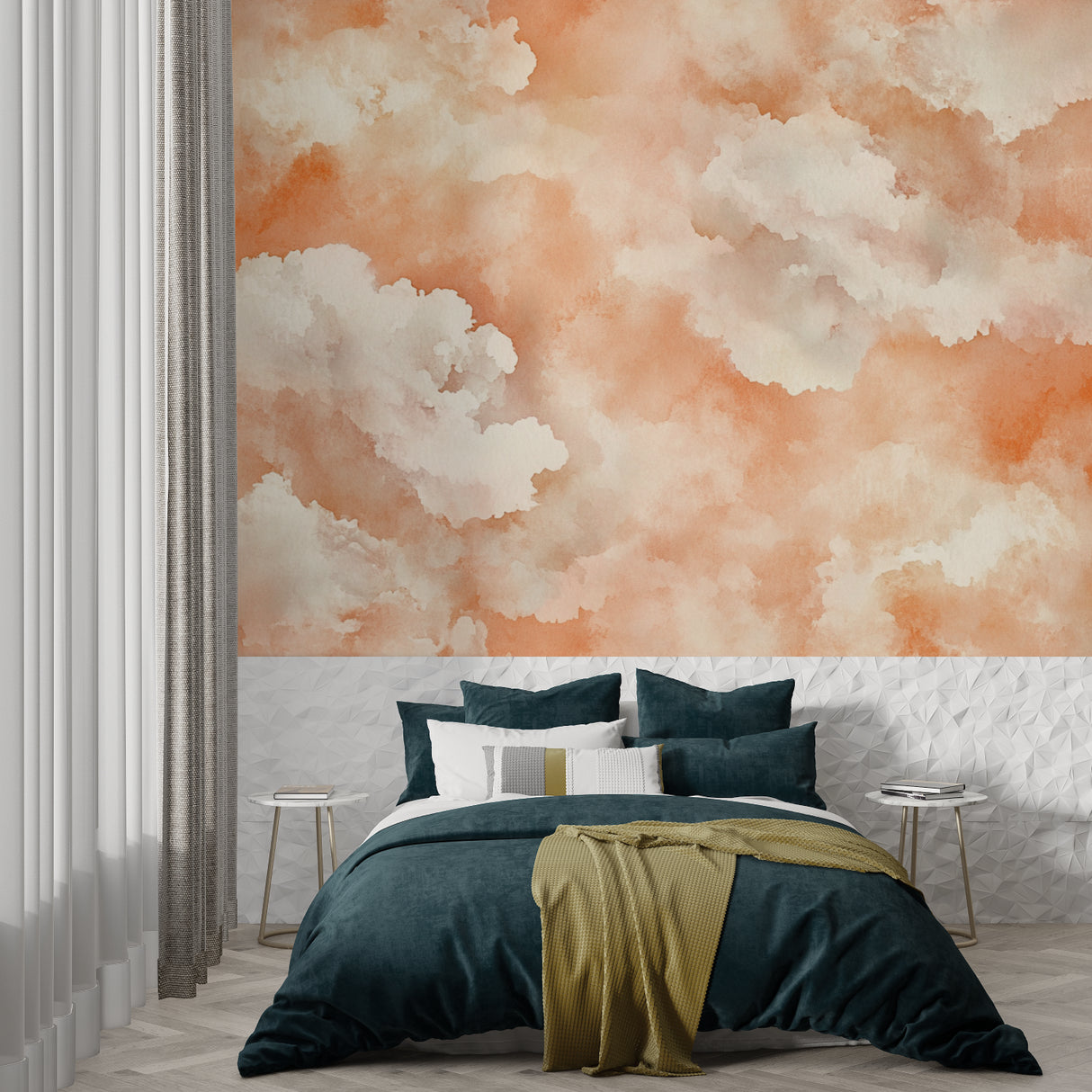 Terracotta cloud wallpaper bringing warmth to a master bedroom with natural light
