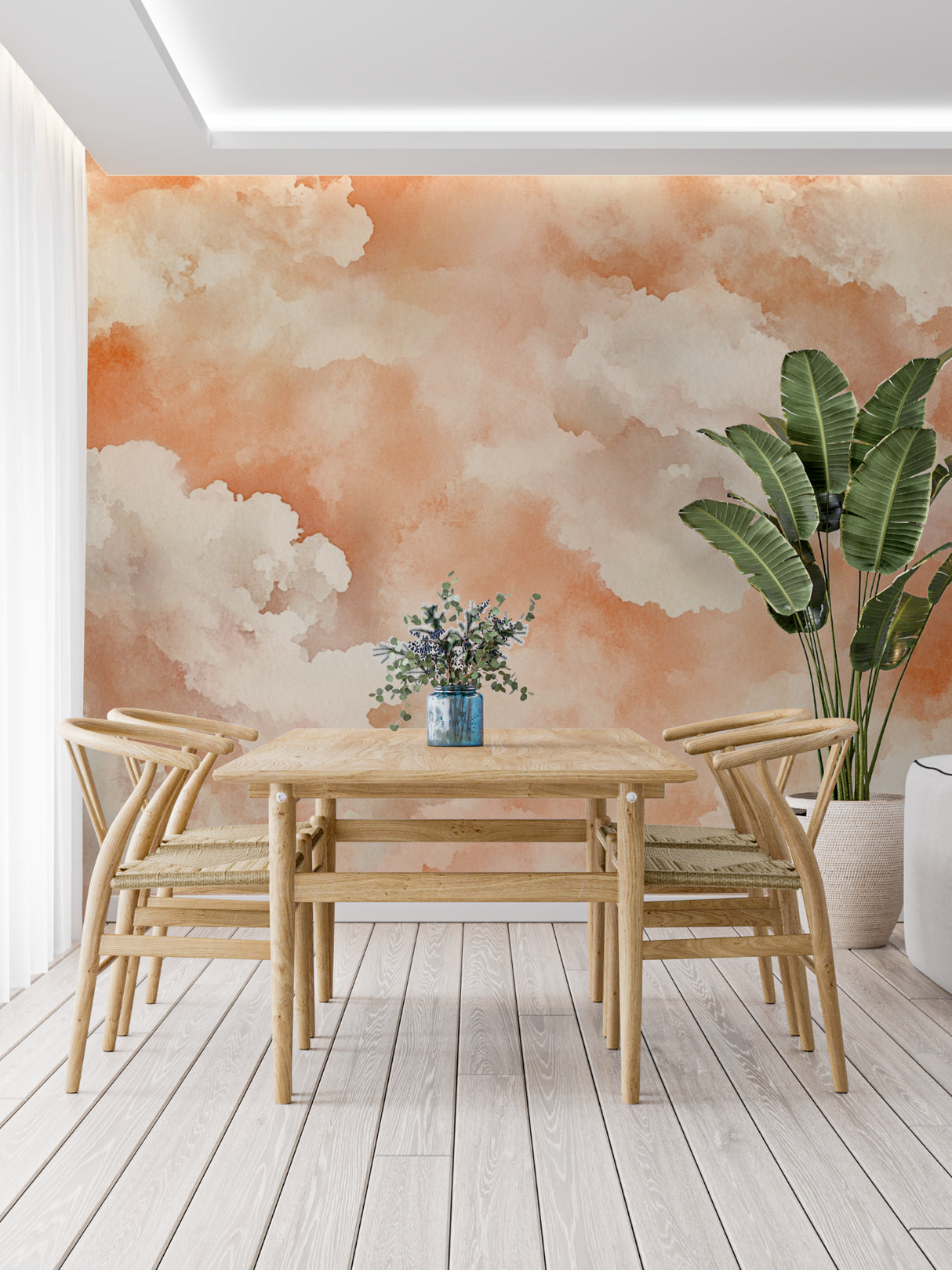 Watercolor sky mural adding depth to a home office with contemporary decor