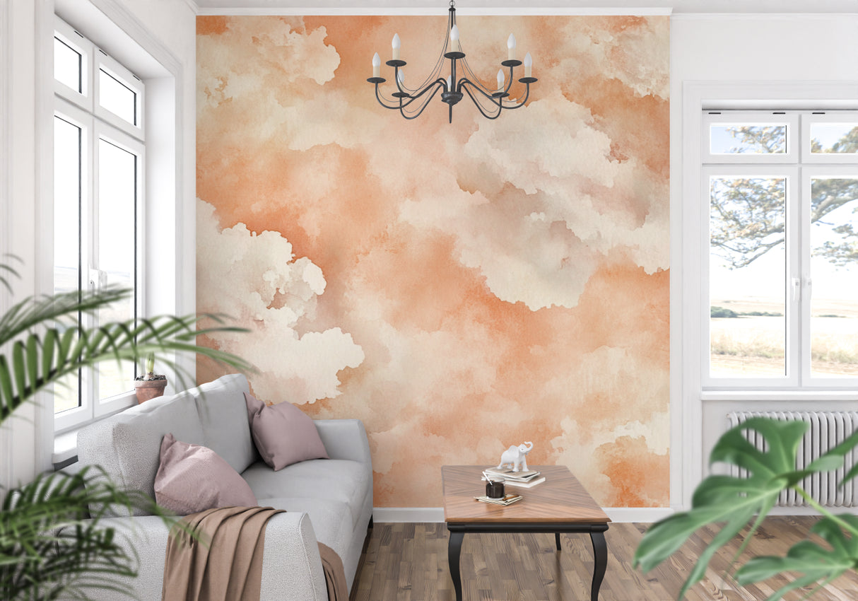Cloud wall mural creating a peaceful nursery environment with soft terracotta tones