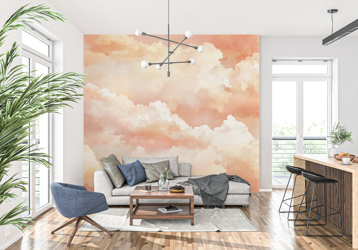 Terracotta cloud wallpaper creating a warm atmosphere in a modern living room