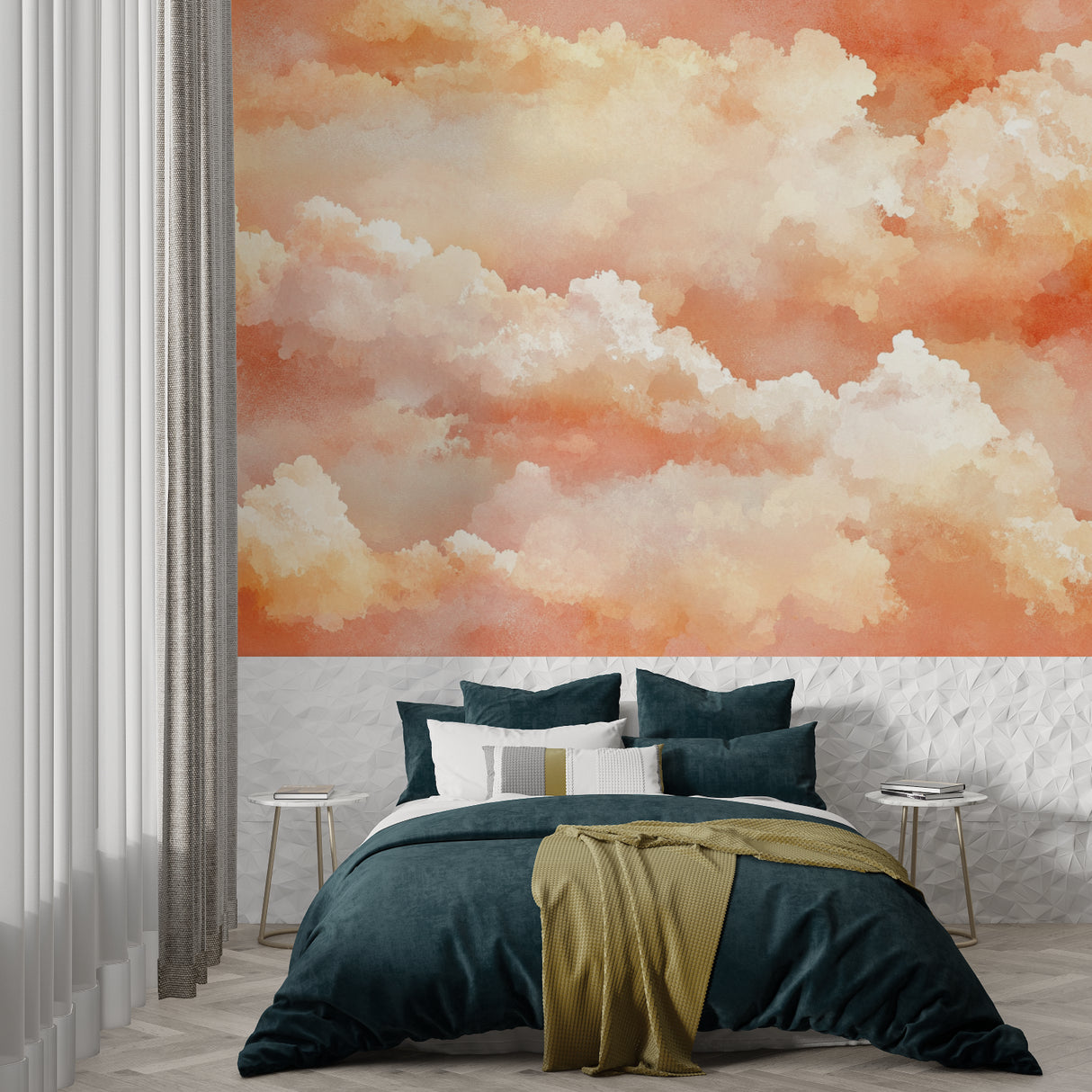 Watercolor sky mural adding depth to a minimalist bedroom space