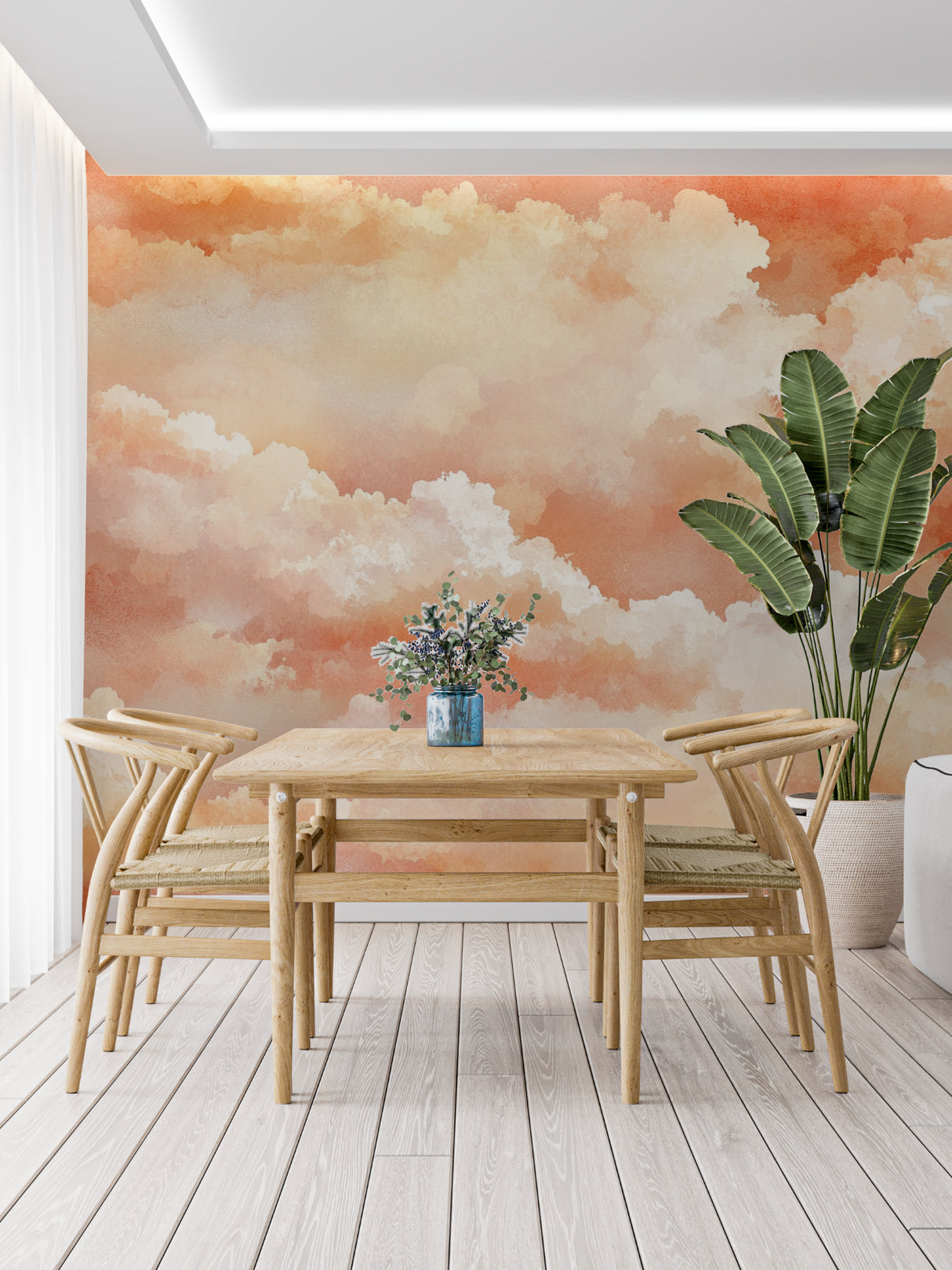 Terracotta sky wallpaper making a statement in a dining room