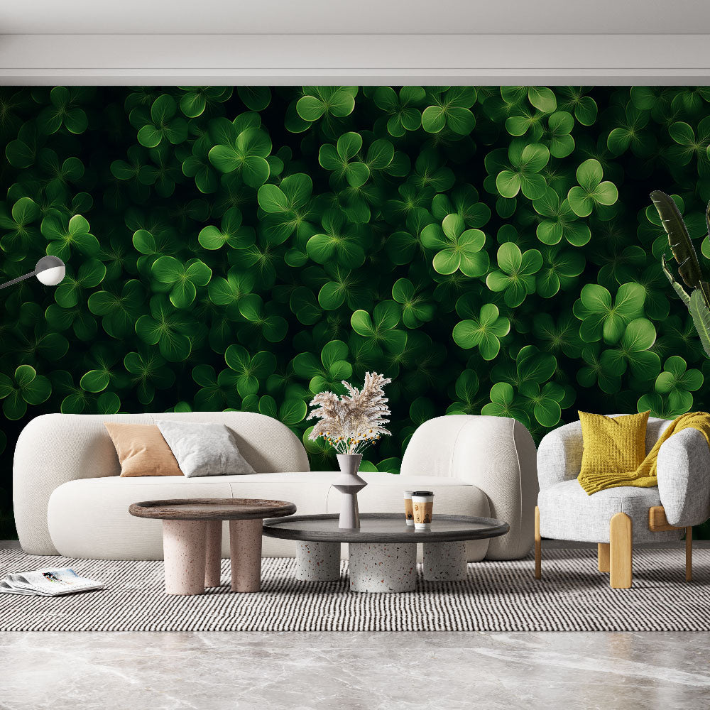 Green clover leaf wallpaper creating a fresh botanical atmosphere in a modern living room with natural light