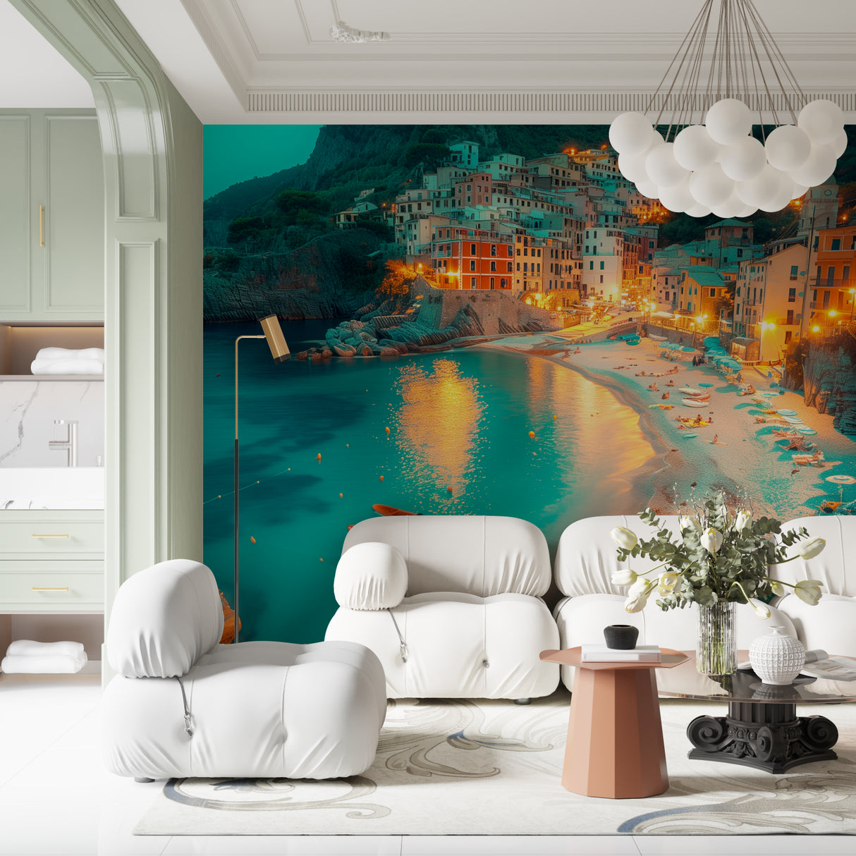 Italian coastal wallpaper creating cozy atmosphere in modern living room with soft lighting