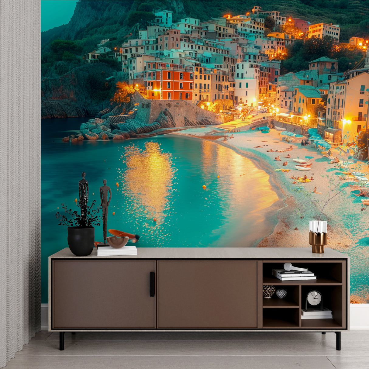Mediterranean wall mural adding depth to dining room with evening ambiance