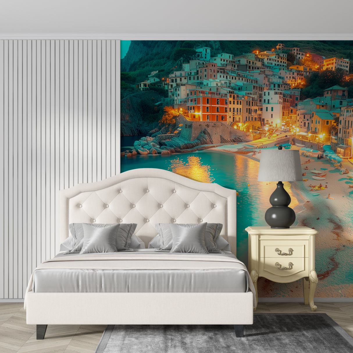 Coastal village wallpaper transforming bedroom into Italian retreat