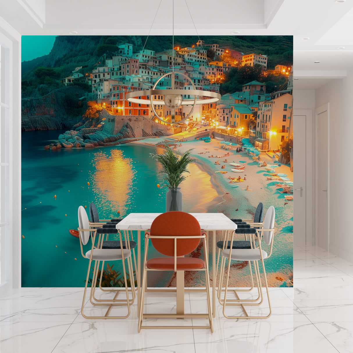Italian Riviera mural creating dramatic feature wall in home office