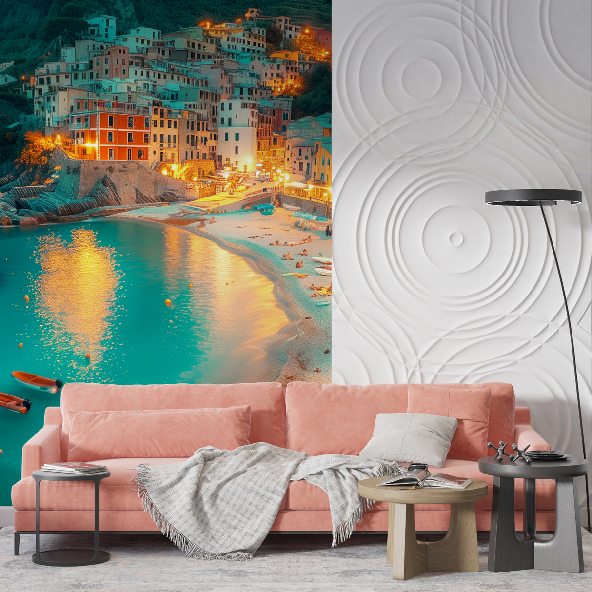 Night scene coastal wallpaper bringing warmth to hallway space
