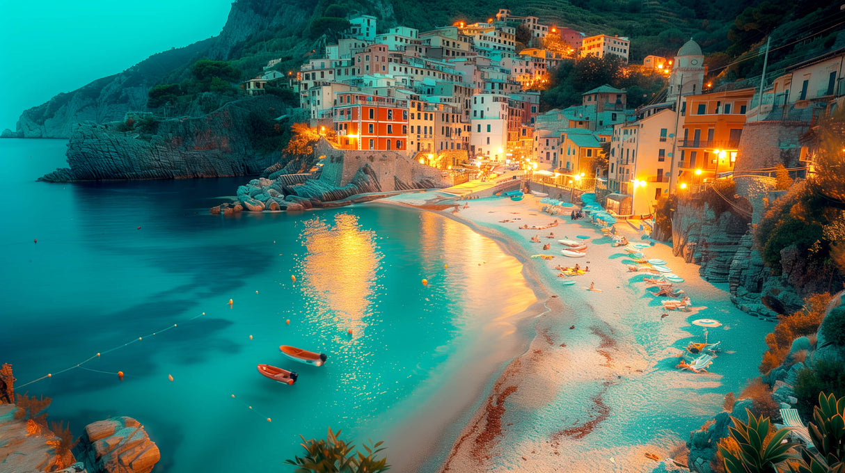 Italian Riviera coastal village design file showing intricate evening scene details