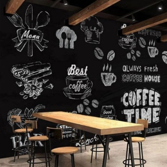Cafe wall mural creating cozy atmosphere in dining room space