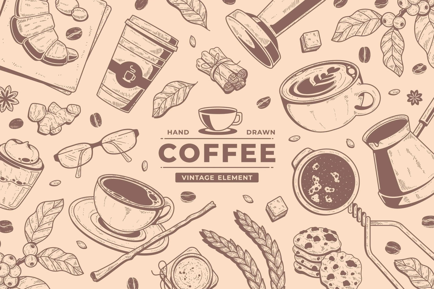 Coffee mural wallpaper design file showing vintage cafe pattern with hand-drawn elements