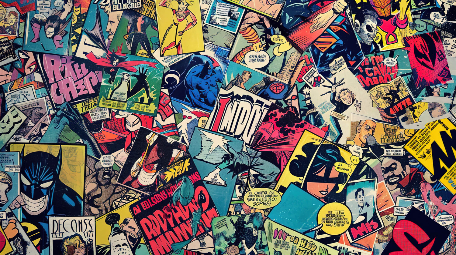 Comic book wallpaper design file showing full retro superhero pattern layout