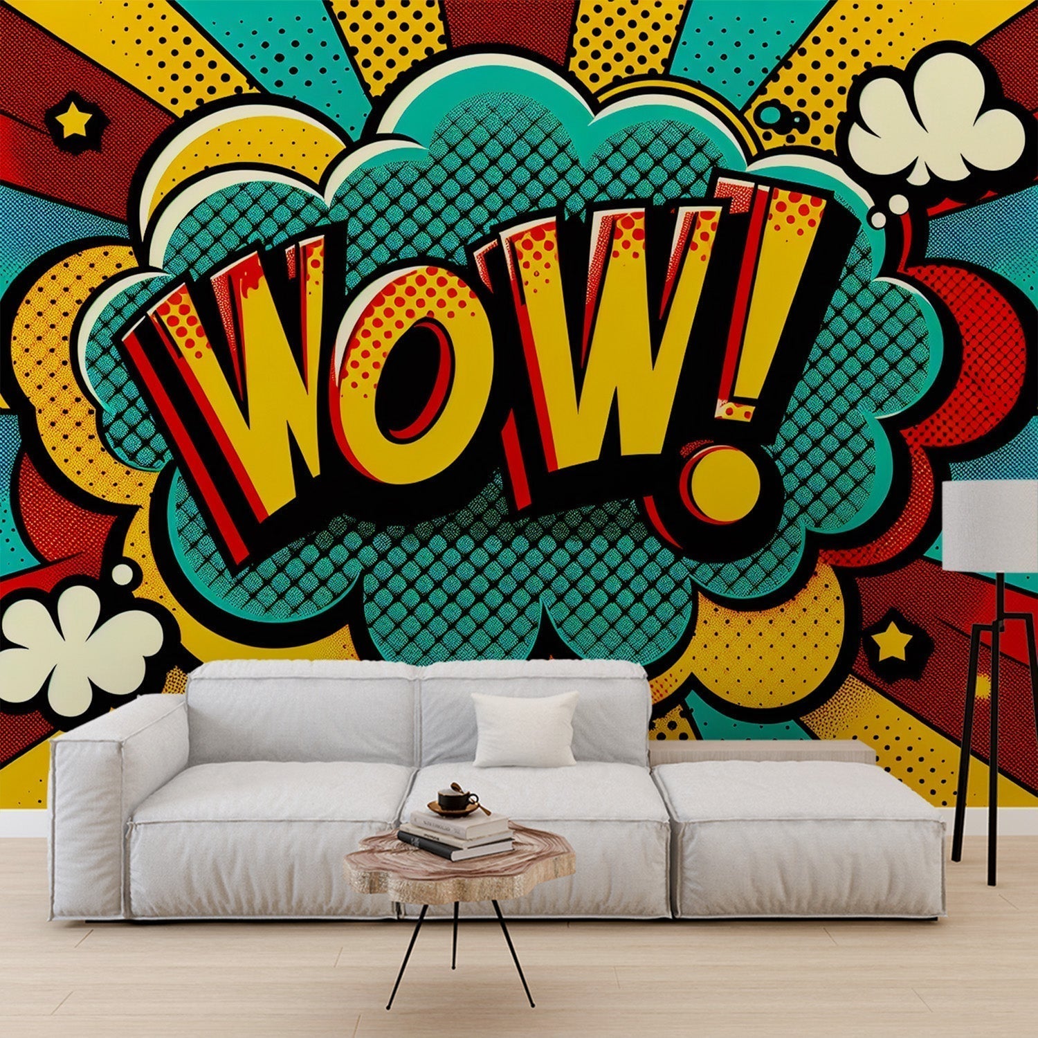 Comic book wallpaper mural bringing vibrant pop art style to a modern gaming room with turquoise and yellow tones
