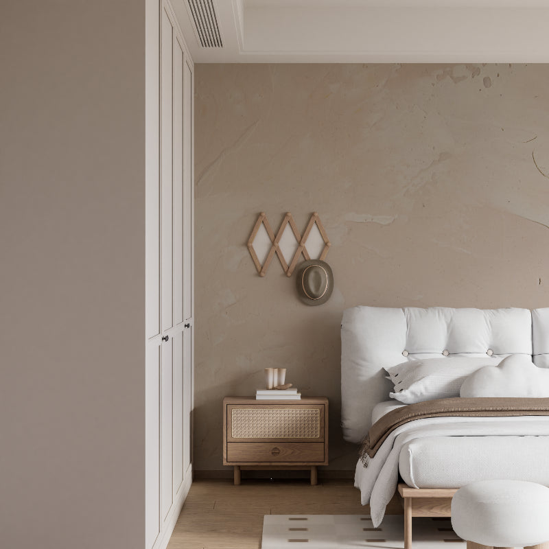 Beige Concrete Wallpaper creating calm atmosphere in contemporary bedroom
