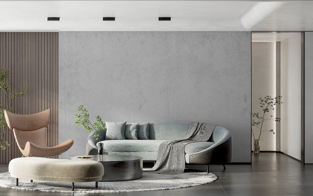 Industrial concrete wallpaper creating clean look in modern office space
