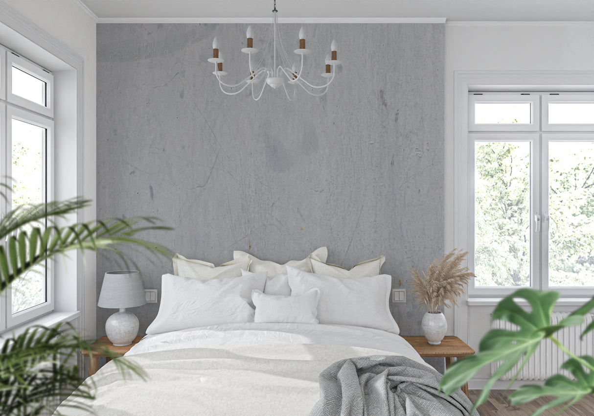 Industrial concrete wallpaper creating depth in a modern office space