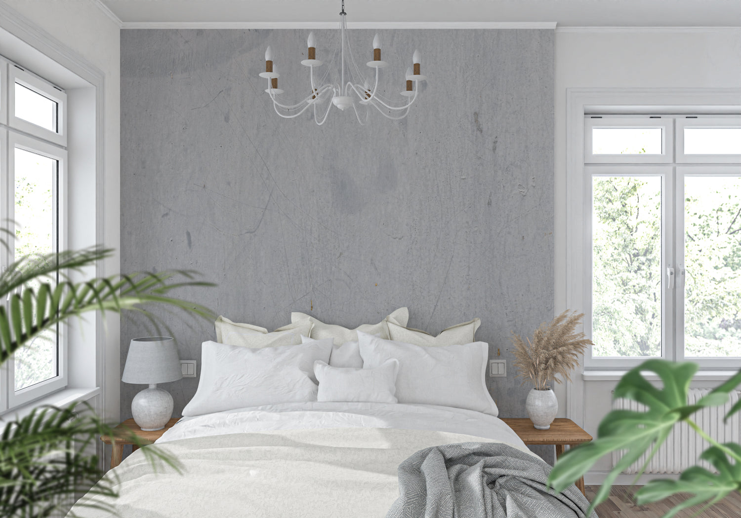 Industrial concrete wallpaper creating depth in a modern office space
