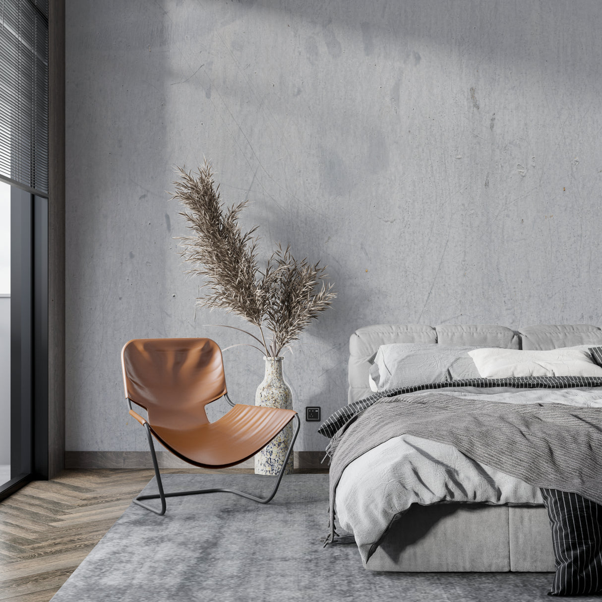 Grey concrete effect mural adding texture to a contemporary dining room