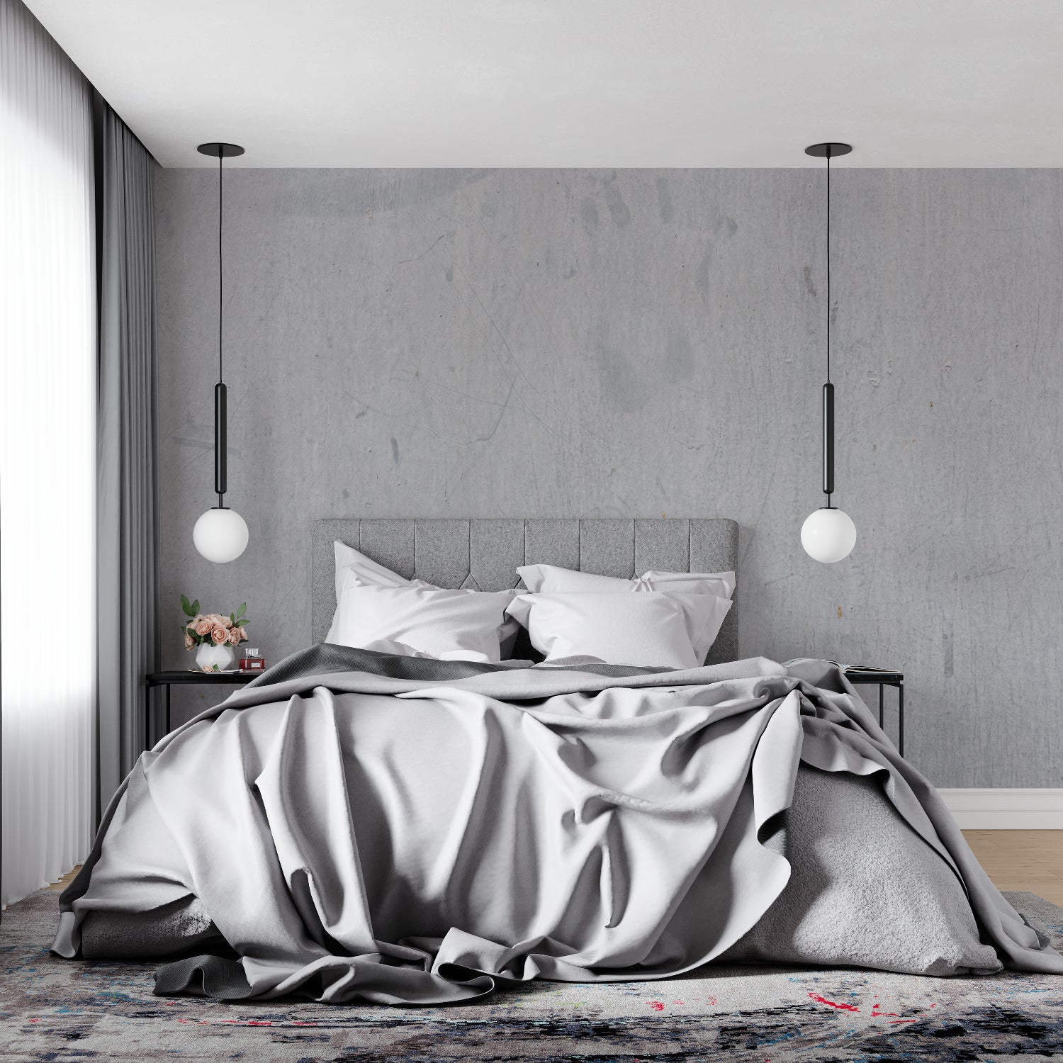 Concrete wallpaper feature wall in an urban bedroom setting