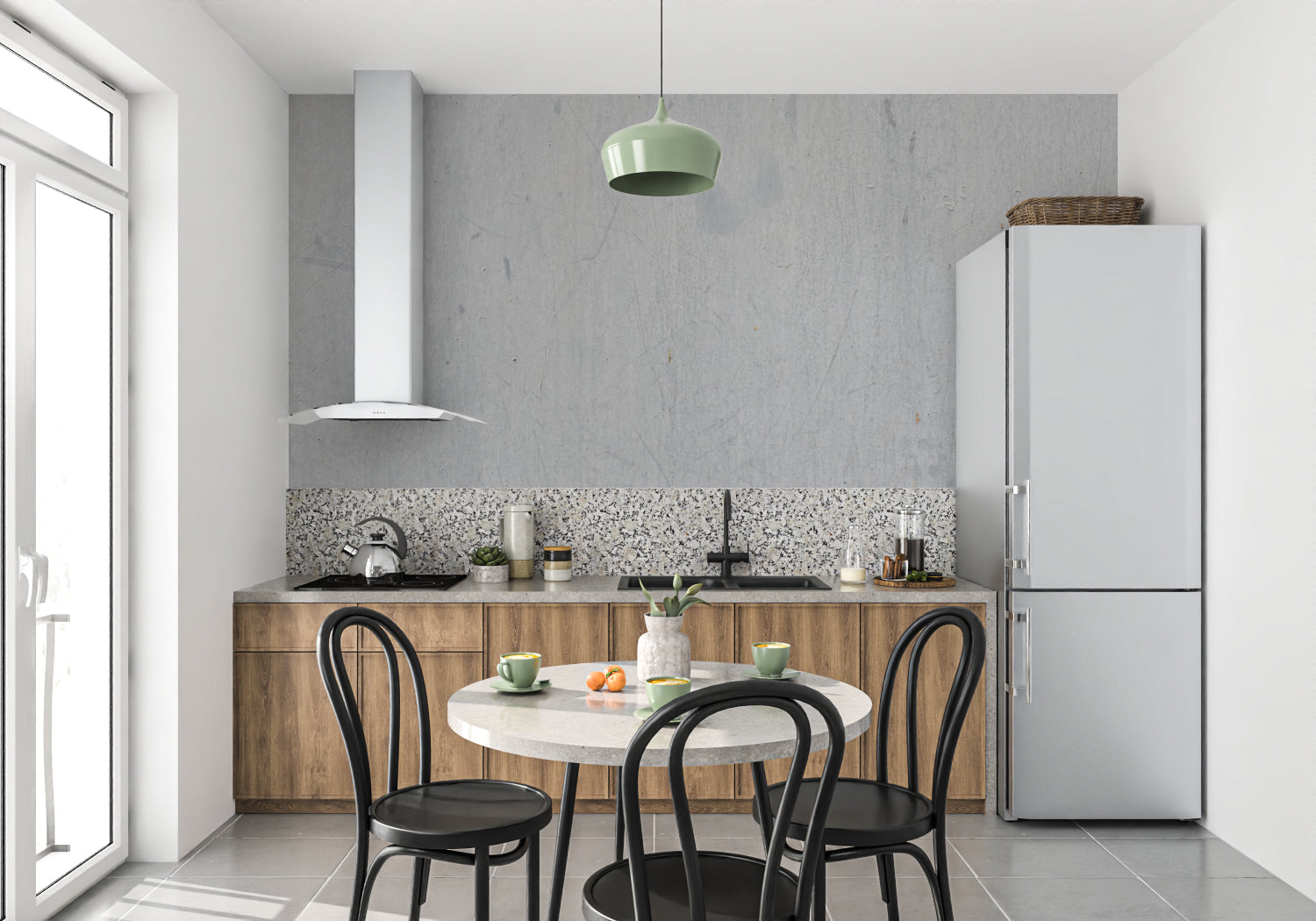 Modern concrete wall mural in a stylish restaurant interior