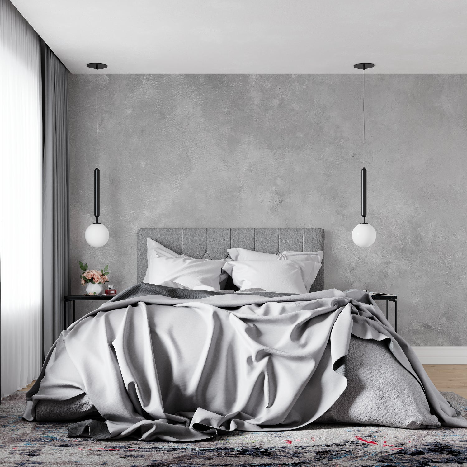Grey concrete effect wall mural in modern home office space with clean lines